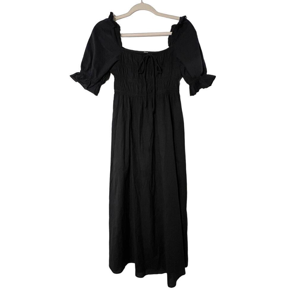 Playa Lucila Black Puff Sleeve Cotton Midi Dress Sz S